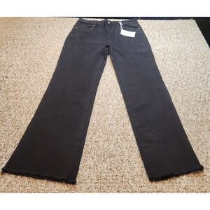 Zenana Wide Leg Jeans Black Fray Hem High Waist Denim Pants XL